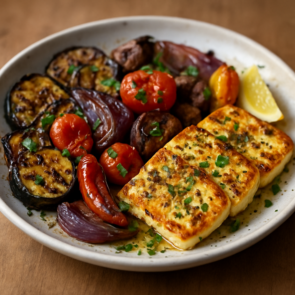 ירקות קיץ צלויים בנייר אלומיניום עם גבינת חלומי וזעתר