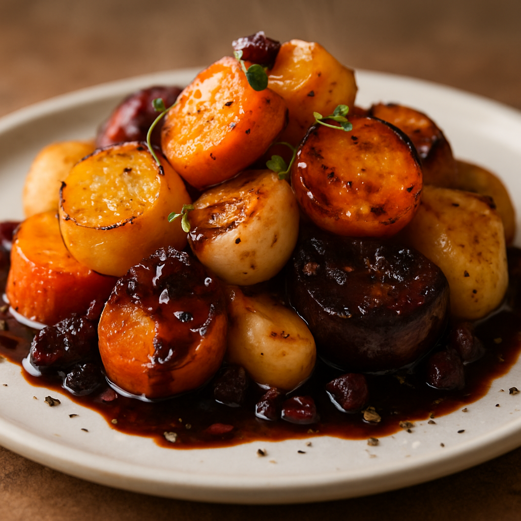 תבשיל ירקות שורש באידוי עם גלאז בלסמי