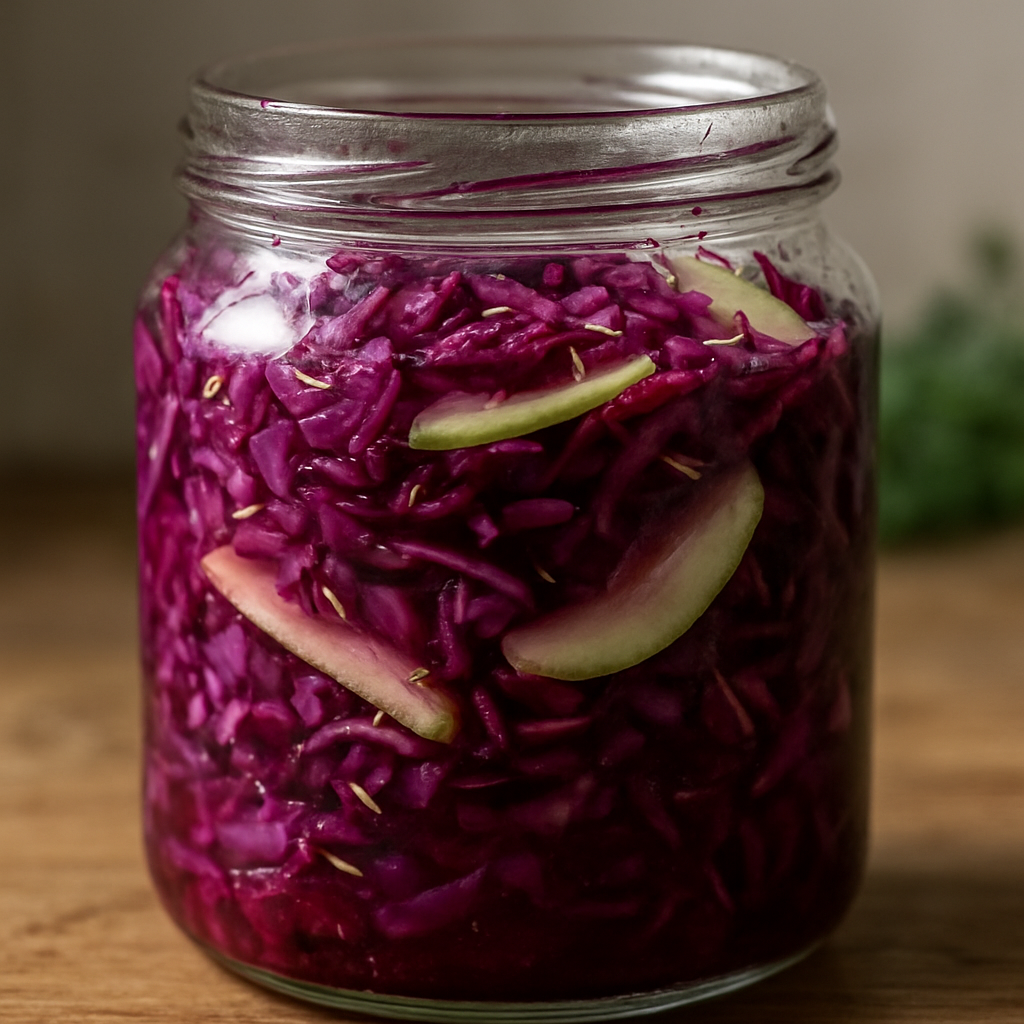 כרוב סגול כבוש מהיר עם תפוח וזרעי קימל