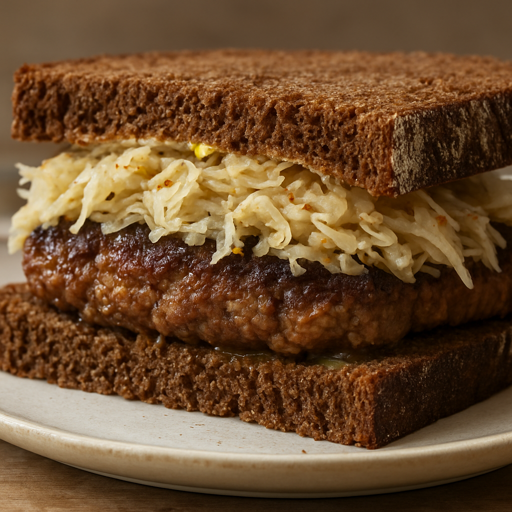 כריך לחם שיפון עם קציצת בשר וקראנץ' כרוב