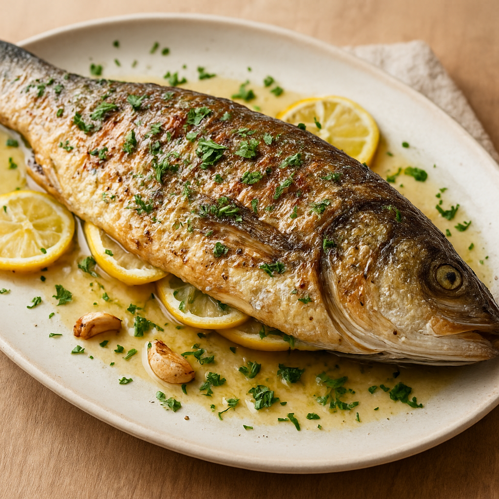 ברונזינו שלם צלוי עם הברשת שמן עשבים