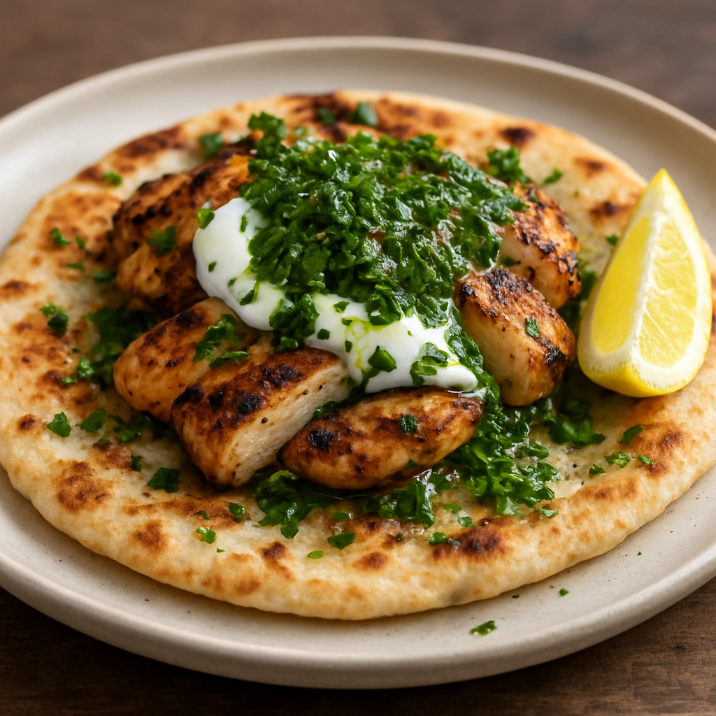 לאפה חזה עוף צרוב ביוגורט כבשים וצ'ימיצ'ורי