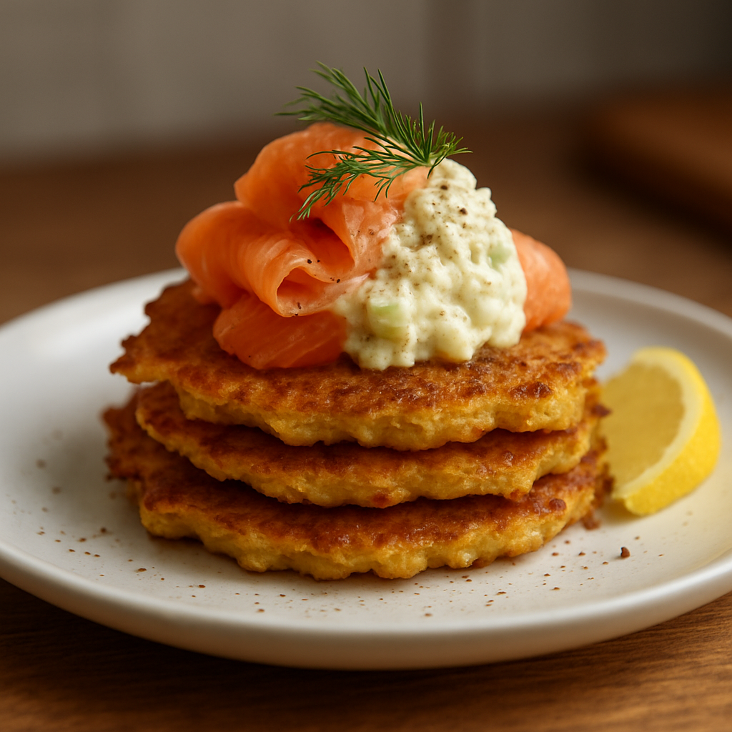 לביבות תפוח-אדמה דניות עם סלמון מעושן ורמולדה תפוחית