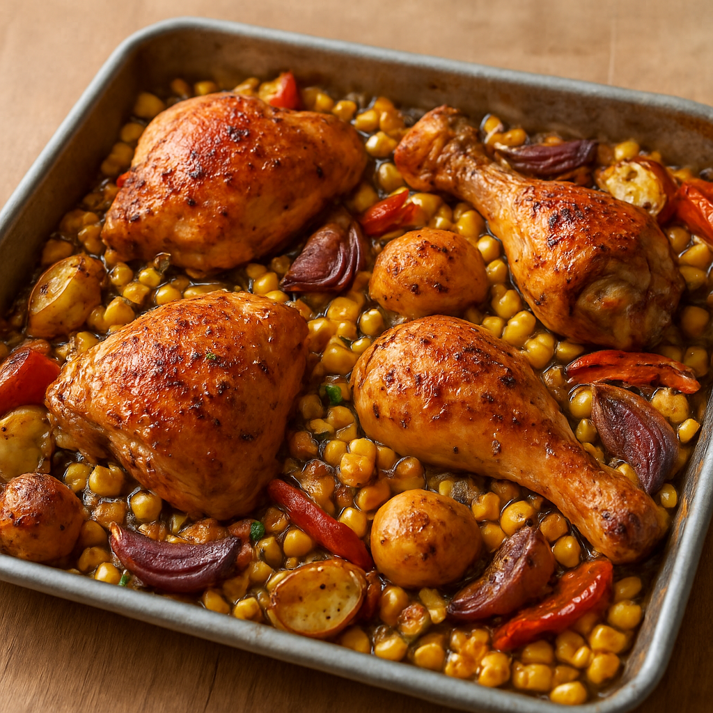 מגש עוף ותירס אפוי בטורבו עם חומוס