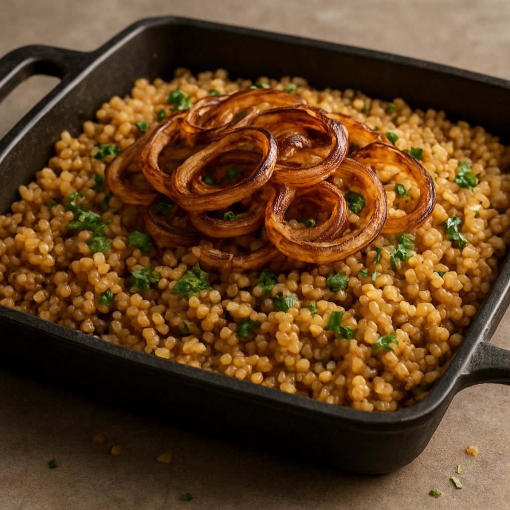 מג'דרה אפויה בעשבי תיבול ובצל בתבנית ברזל