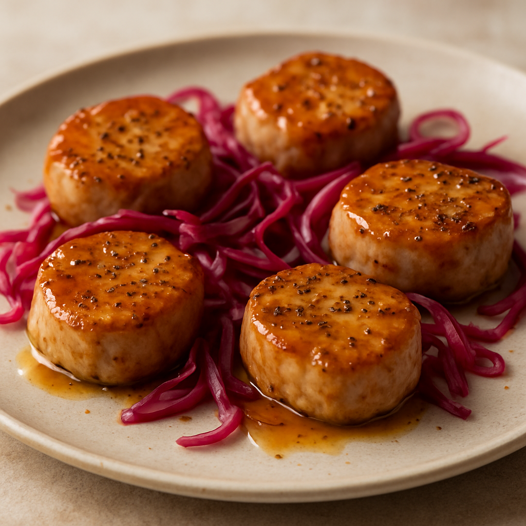 מדליוני חזיר דניים בזיגוג דבש-חרדל עם כרוב סגול חמוץ