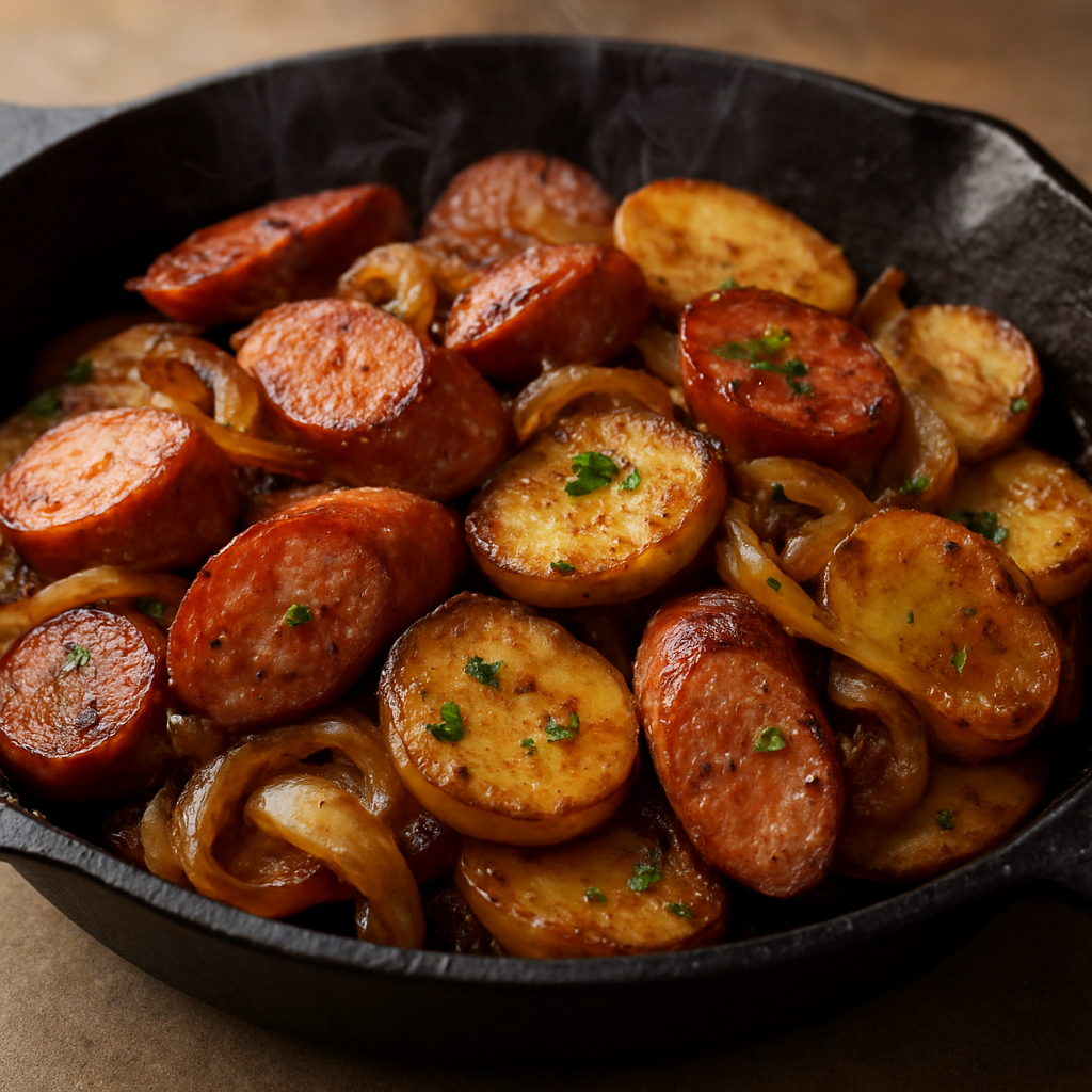 מחבת נקניקיות סלובקיות עם בצל ותפוחי אדמה