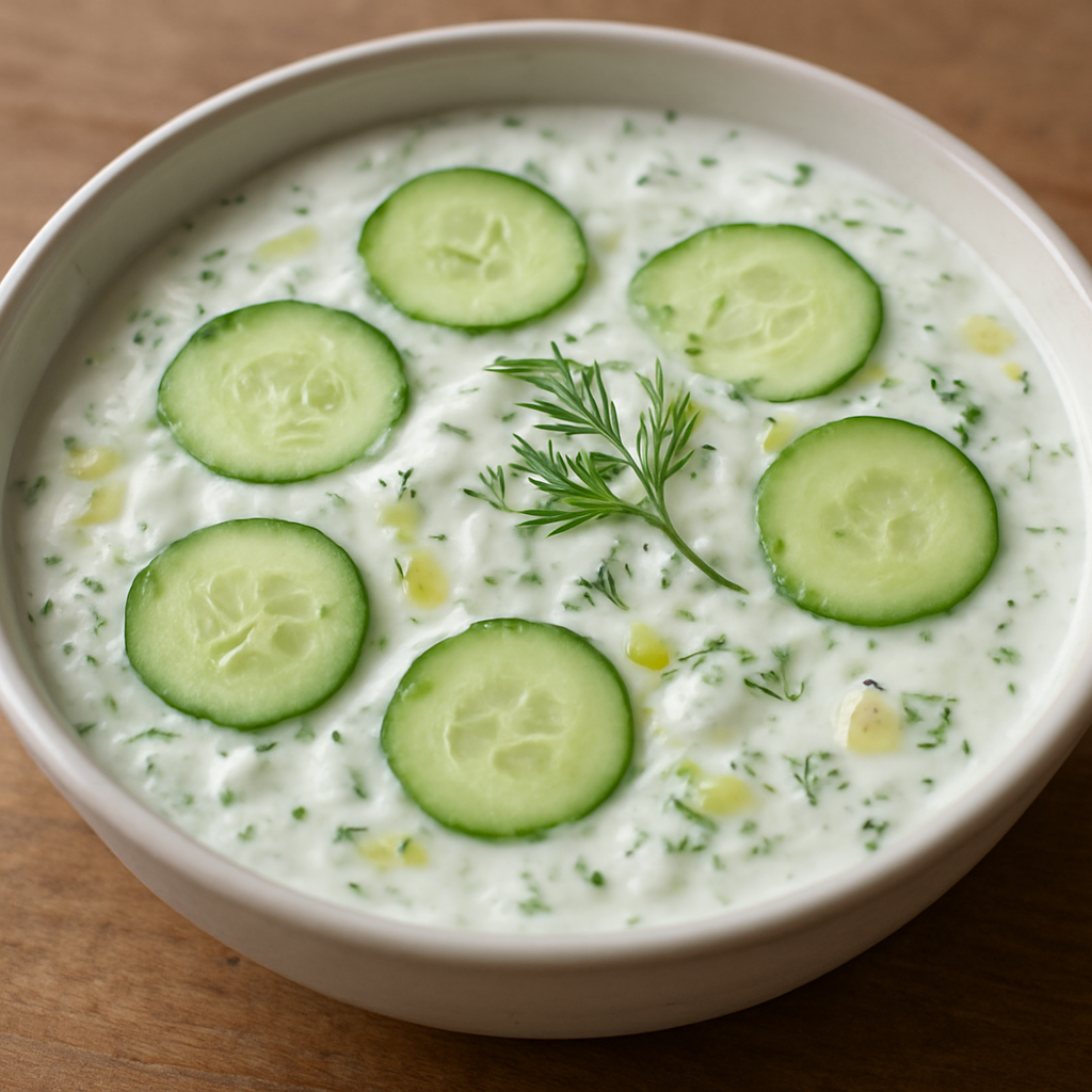 מלפפון פרוס דק עם יוגורט, שום ושמיר