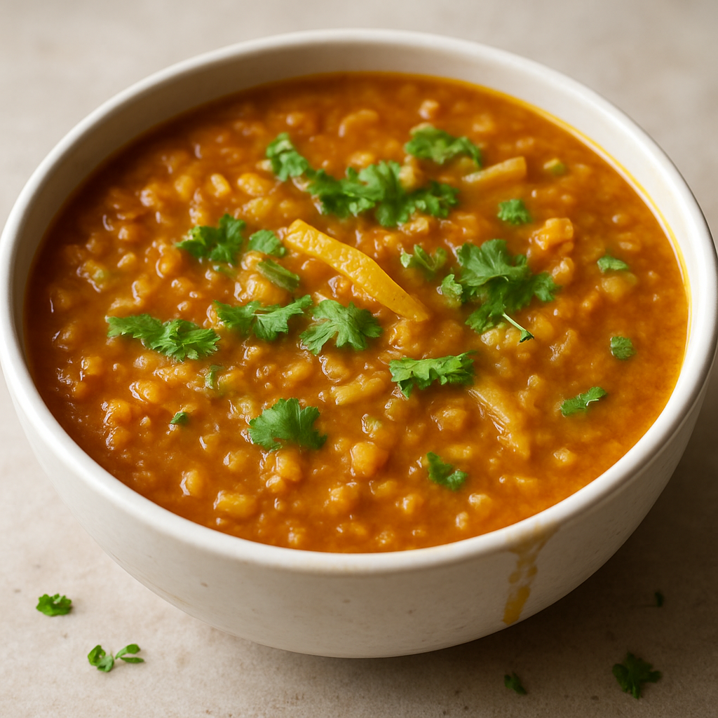 מרק עדשים אדומות עם לימון מותסס ותבלינים חמים