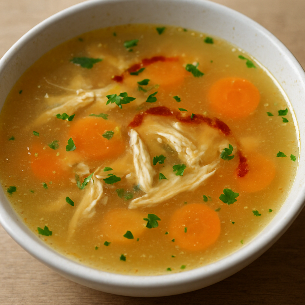 מרק עוף צלול עם משחה פלפלים מותססת וירקות