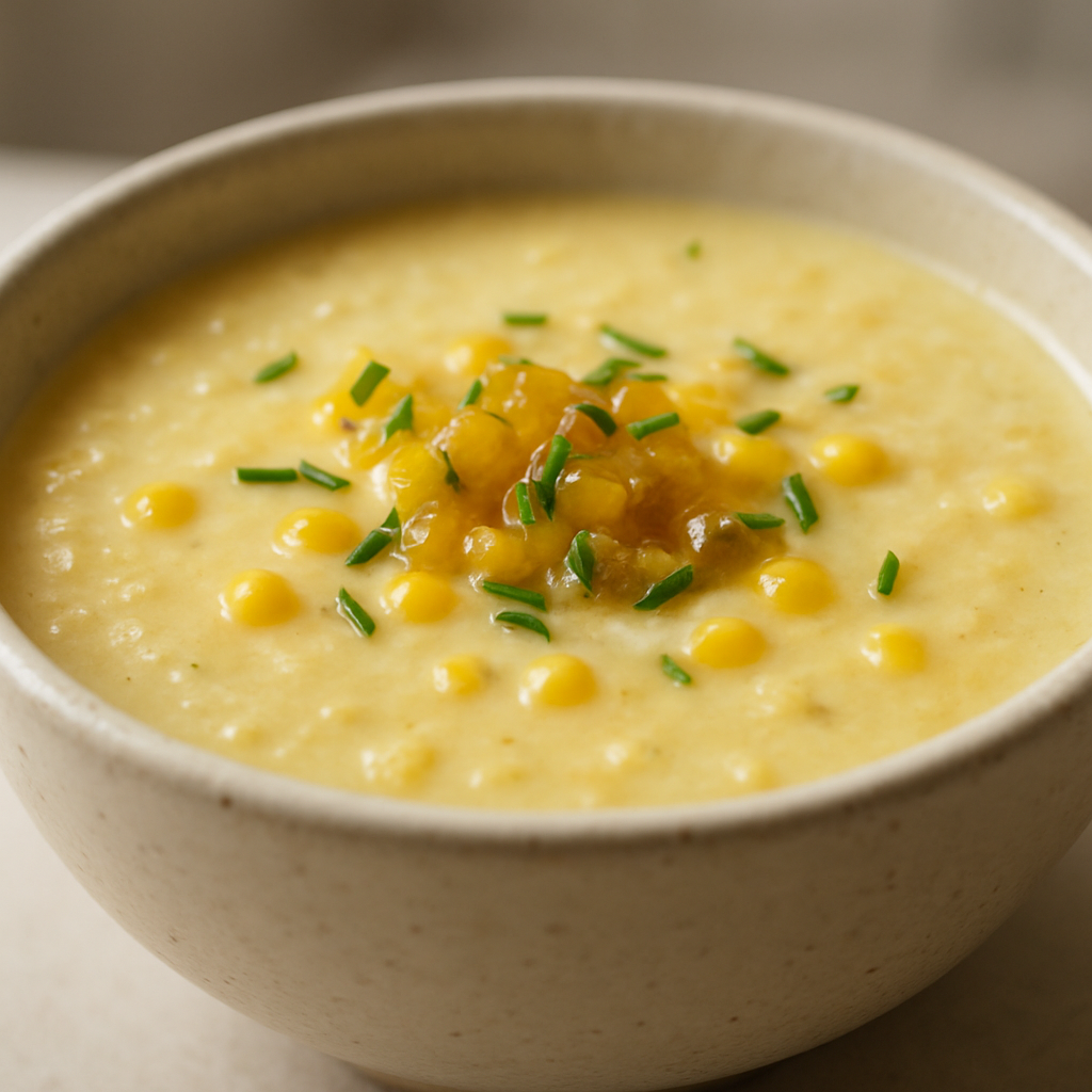 מרק תירס קרמי עם תוספת תירס מותסס וחייב קפיצות