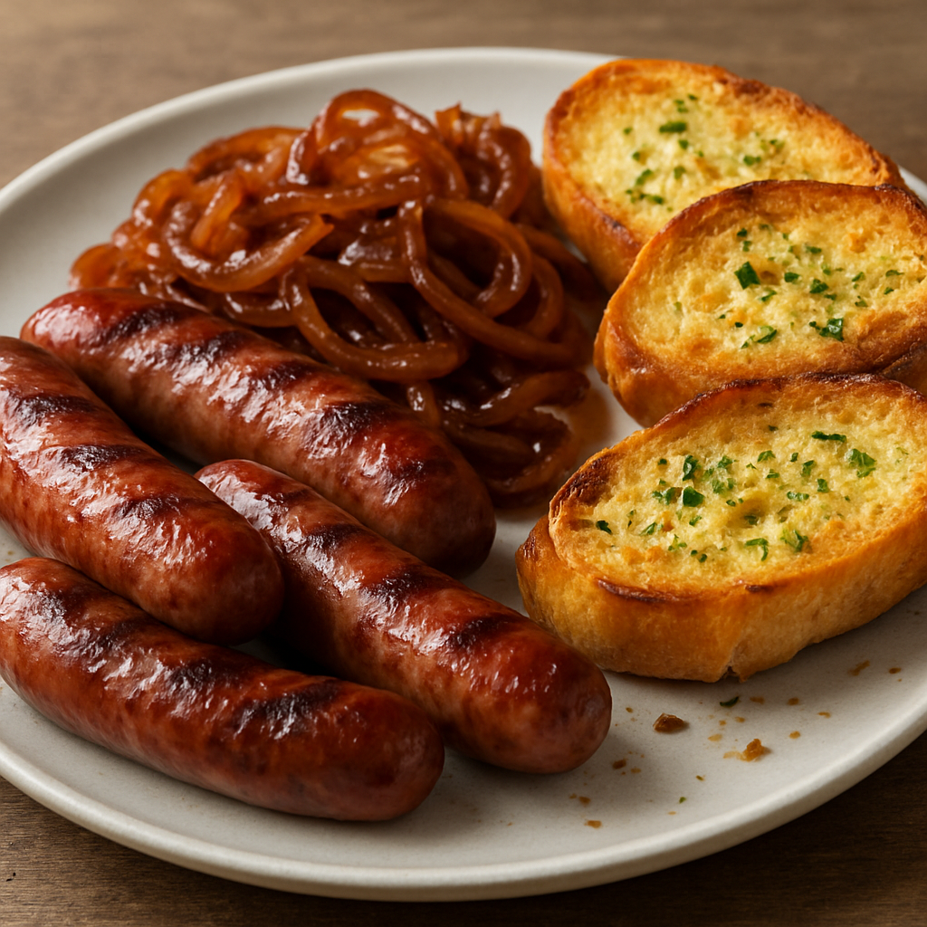 נקניקיות בקר מעושנות עם בצל מקורמל ולחם שום מהיר