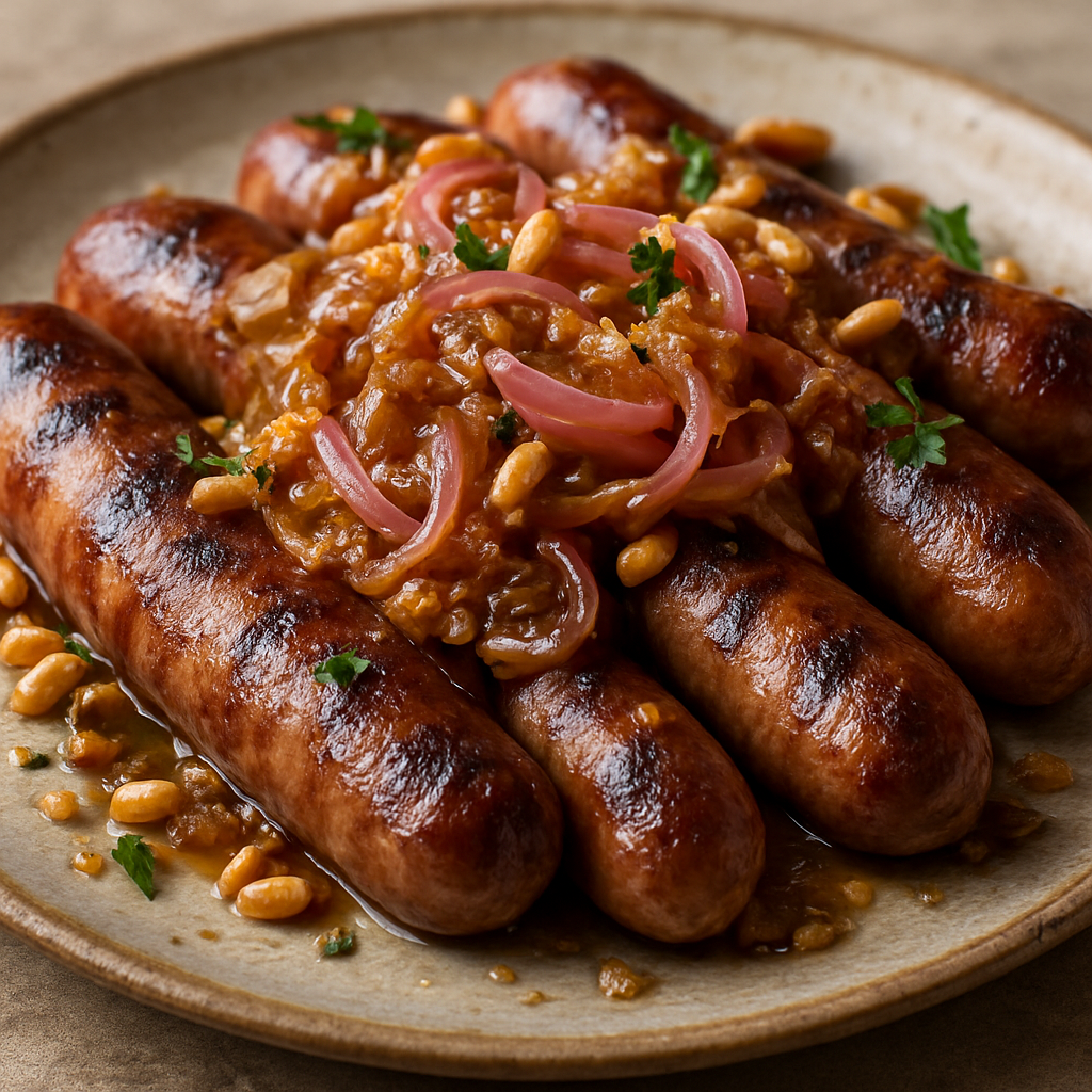 נקניקיות צלויות עם רוטב בצל חמוץ וקראנץ'