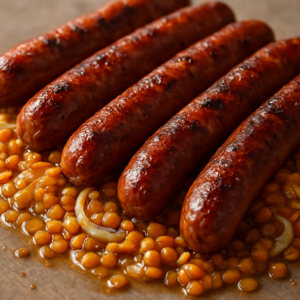 נקניקיות הולנדיות צלויות על מצע עדשים כתומות