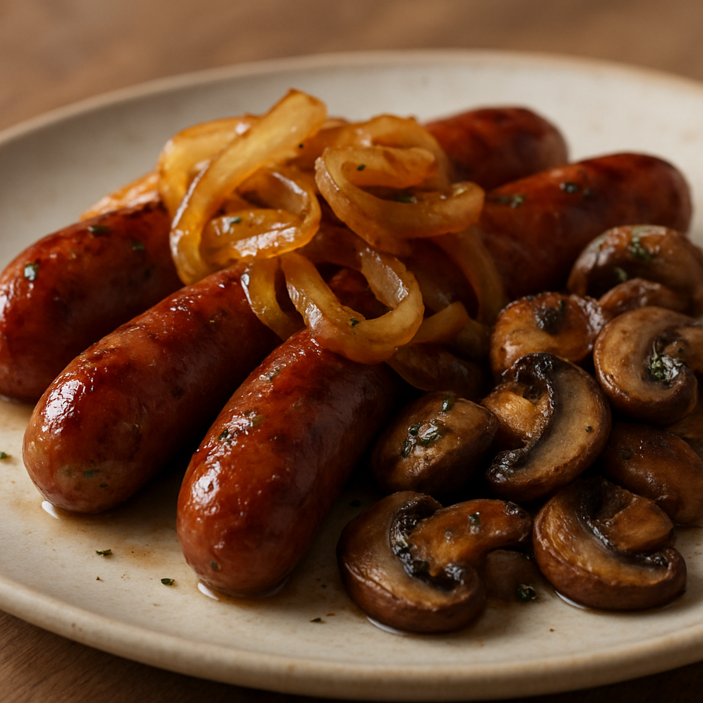 נקניק עגל מעושן עם בצל מקורמל ופטריות