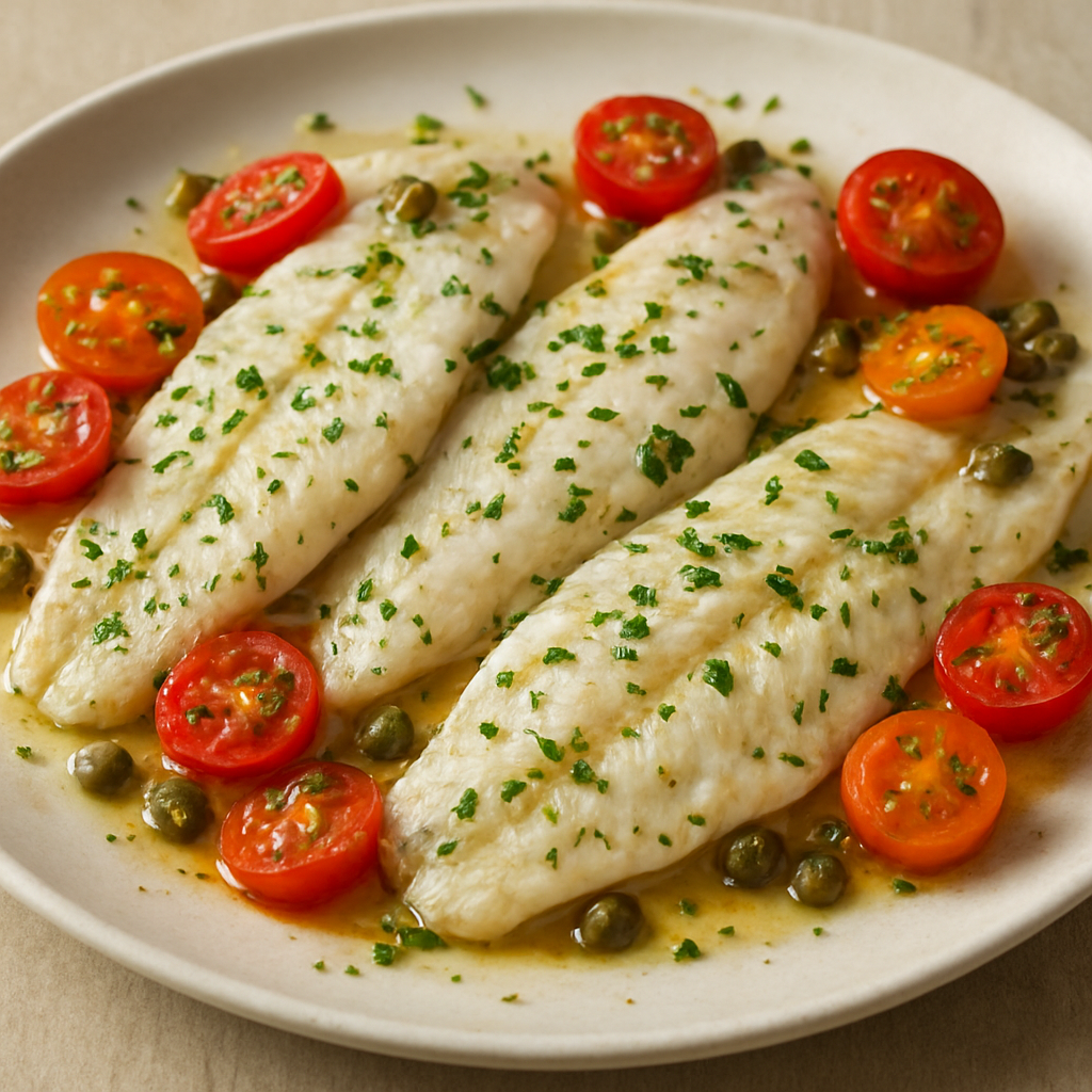 פילה סול באידוי עם עגבניות שרי וקפרס