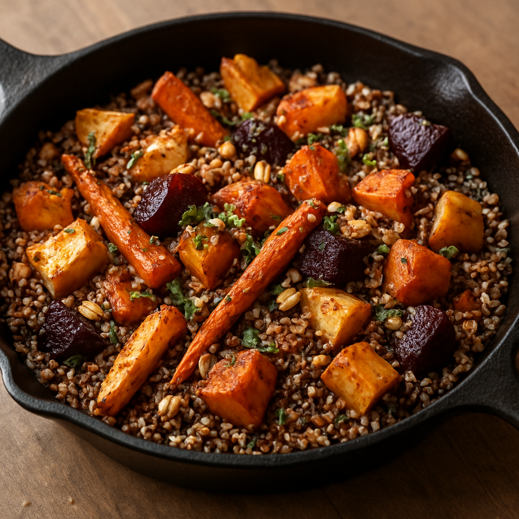 תערובת קינואה ואגוזים אפויה בתבנית ברזל עם ירקות