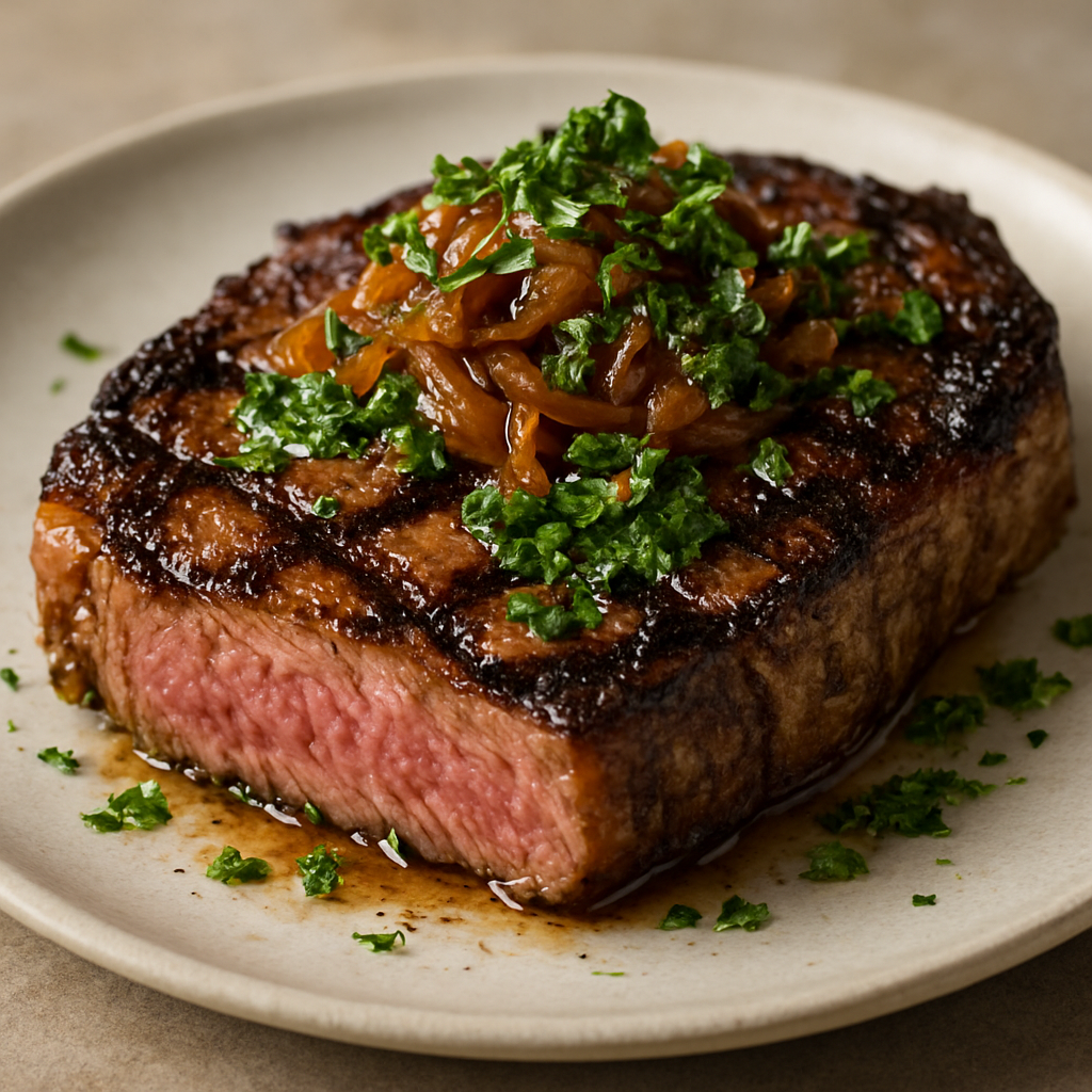 סטייק אנטרקוט עם בצל שרי מקורמל וצ'ימיצ'ורי