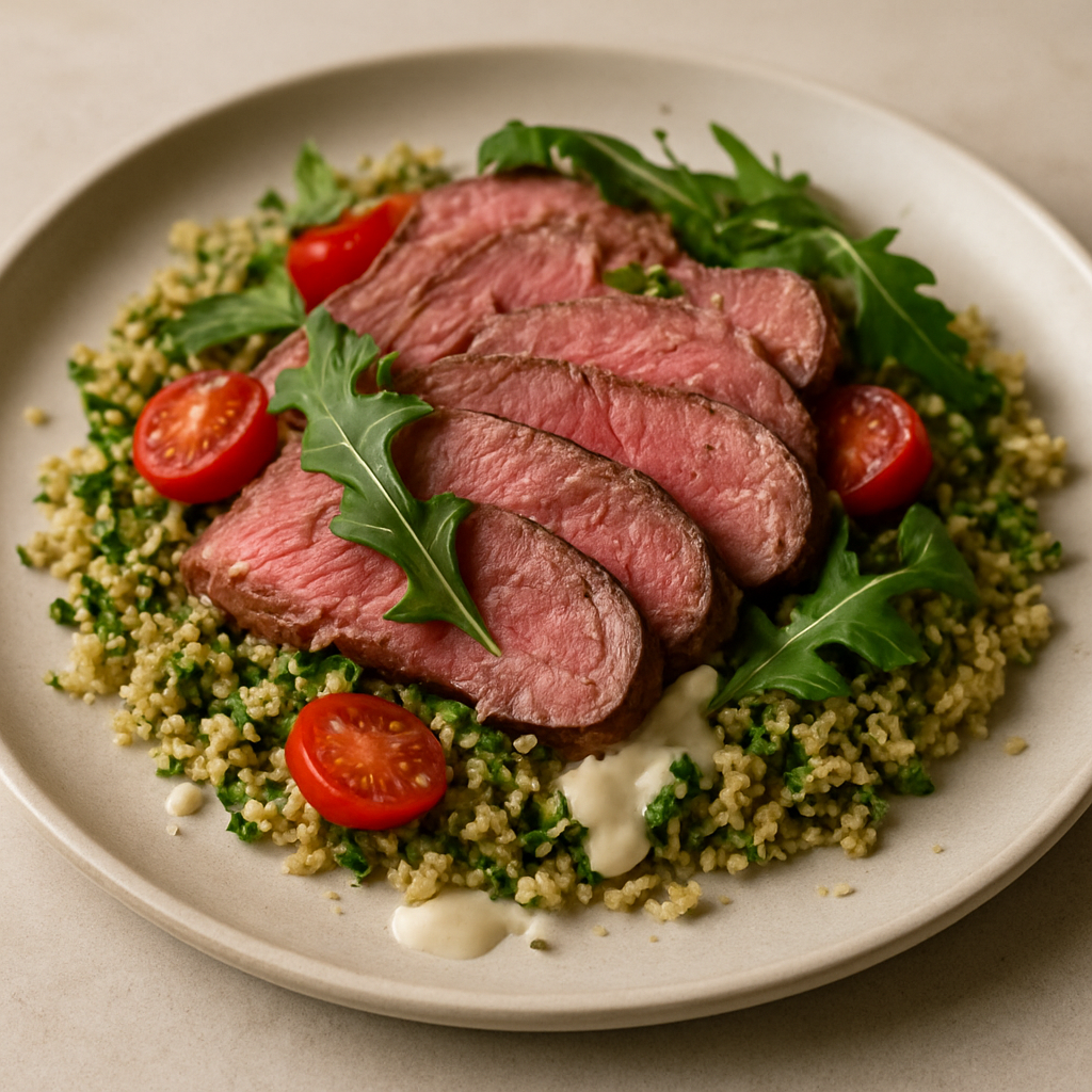 סטייק פרוס דק עם קינואה וטחינה ירוקה