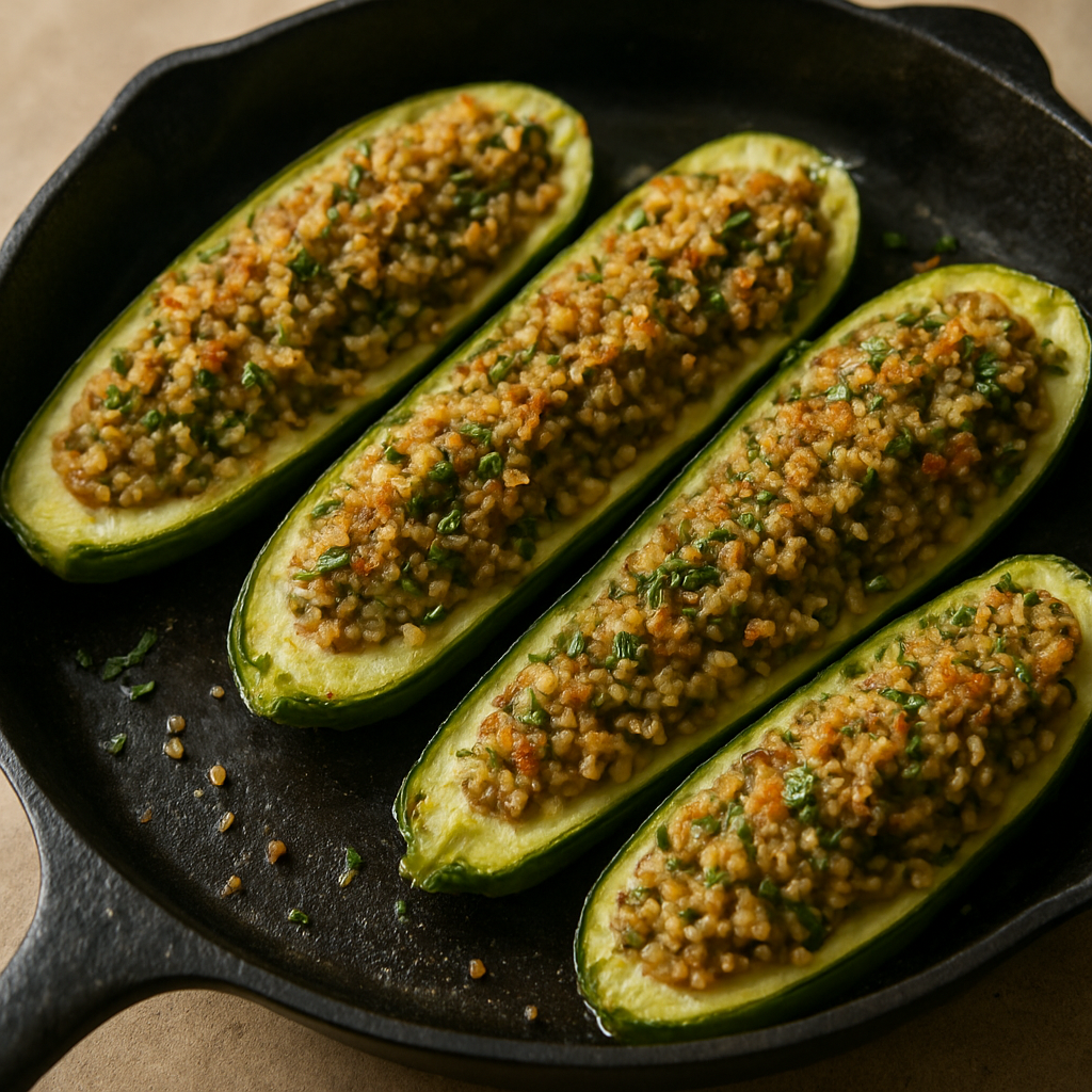 סירות קישואים ממולאות בברغل ועשבים אפויים בתבנית ברזל