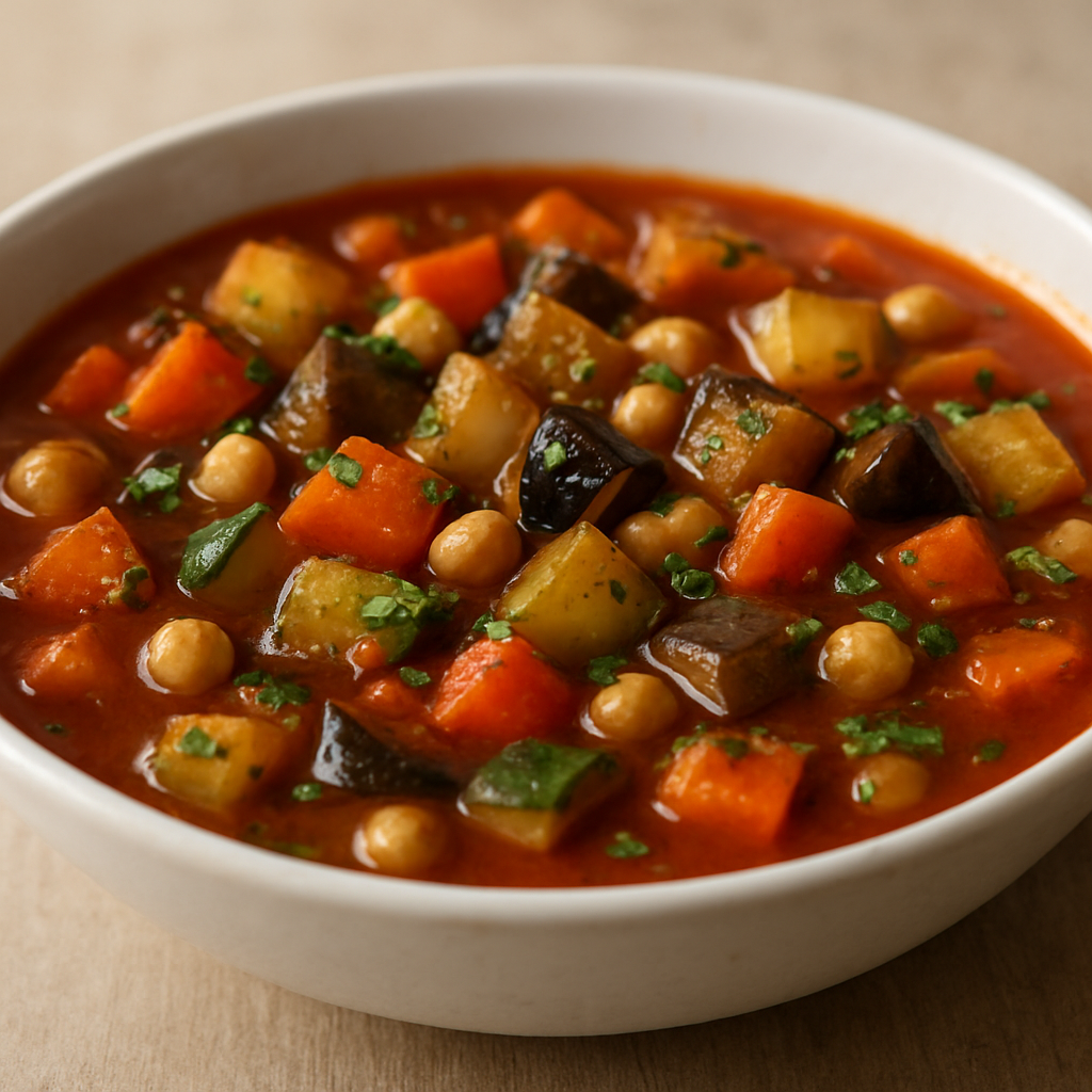 סיר ירקות חתוכים לקוביות עם גרגירי חומוס ועשבים