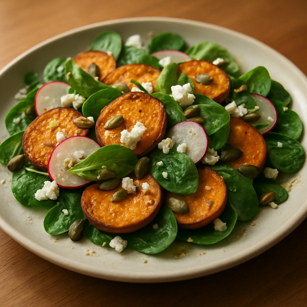 סלט בטטה פרוסה דק עם תרד וצנוניות