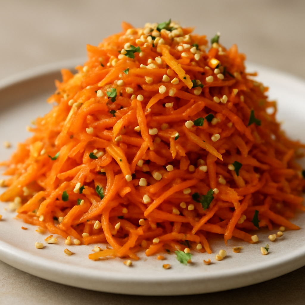 סלט גזר החמצה עדינה עם זרעי חרדל וקראנץ' שומשום