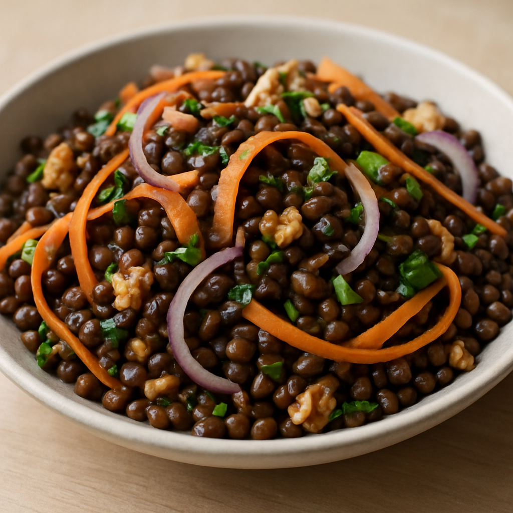 סלט עדשים חם עם ירקות פרוסים דק