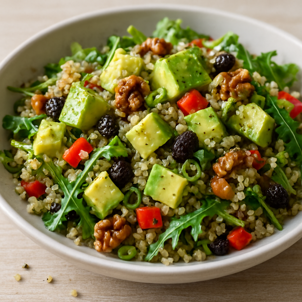 סלט קינואה קליפורני עם אבוקדו, צימוקים ואגוזים