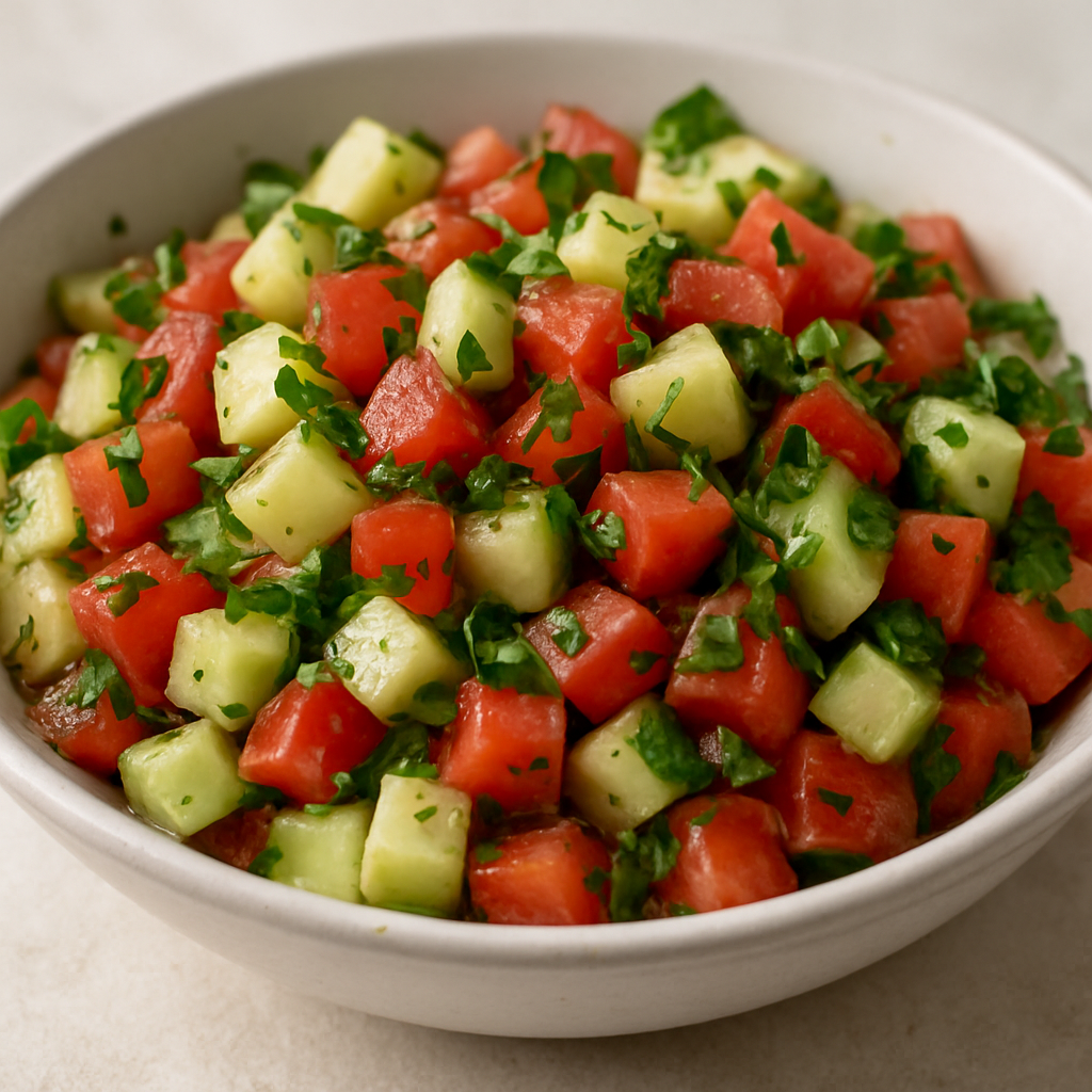 סלט קישואים קצוץ לקוביות עם נענע ועשבי תיבול
