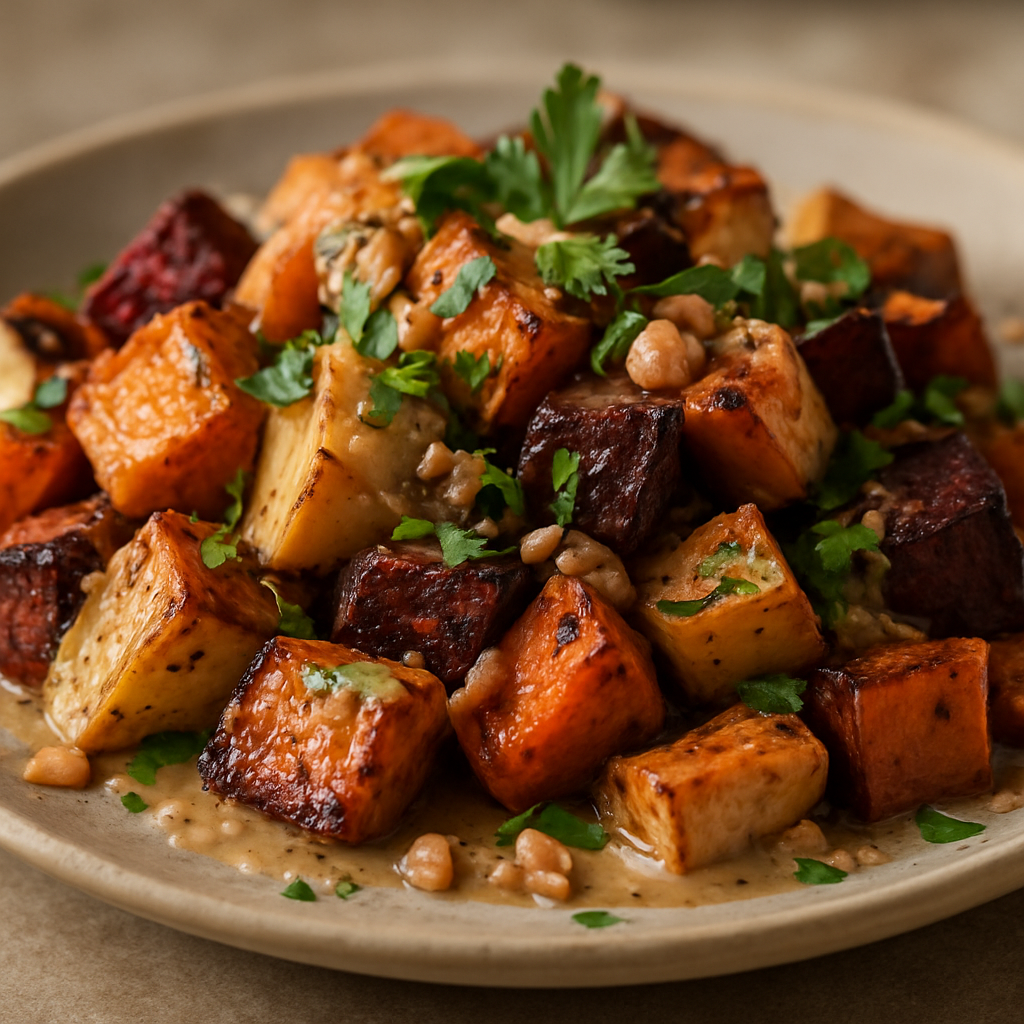 סלט שורשים חם עם אמולסיית חמאת בוטנים ועשבי תיבול