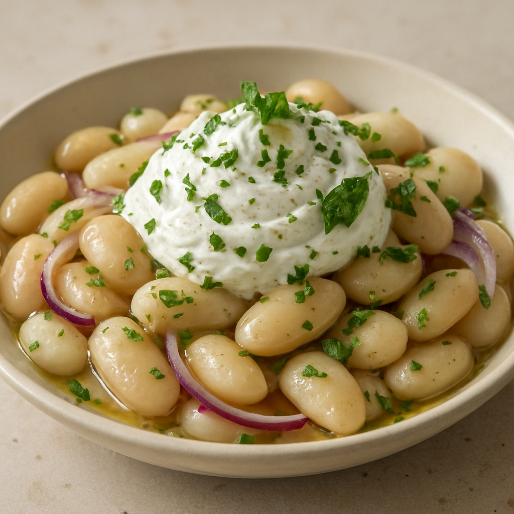 סלט שעועית חמימה עם קציפת גבינה לבנה מוקצפת