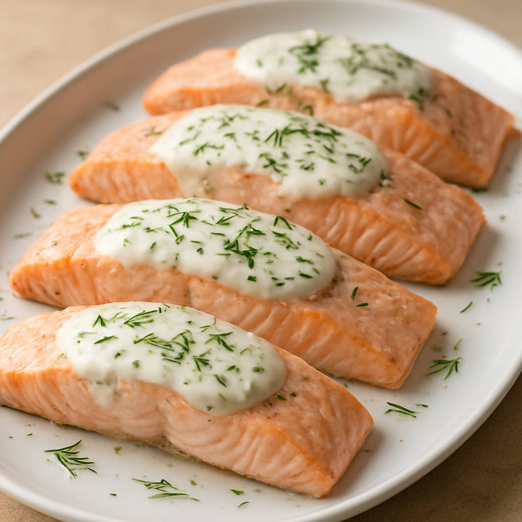 פילה סלמון באידוי עדין עם רוטב יוגורט ושמיר