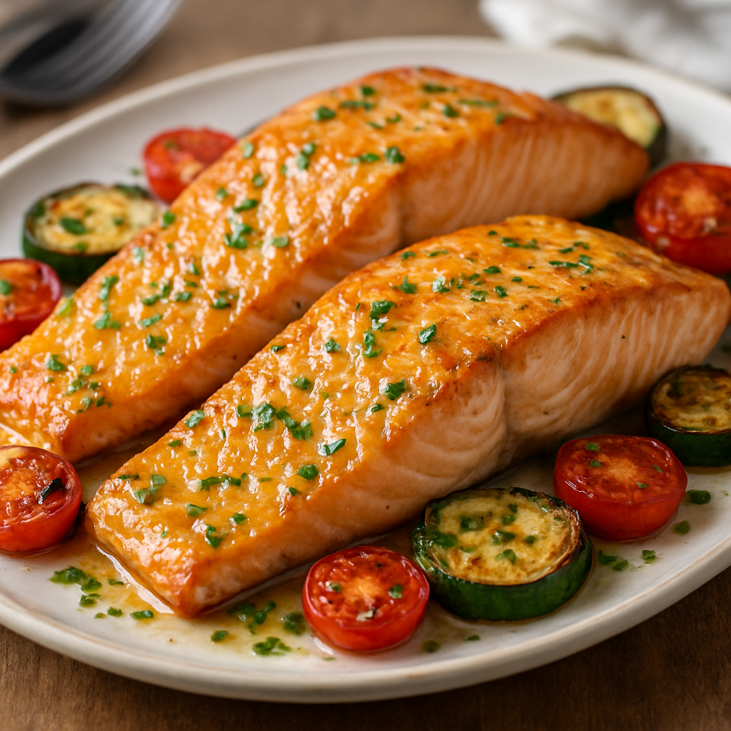 פילה סלמון אפוי בנייר אלומיניום עם עגבניות וזוקיני