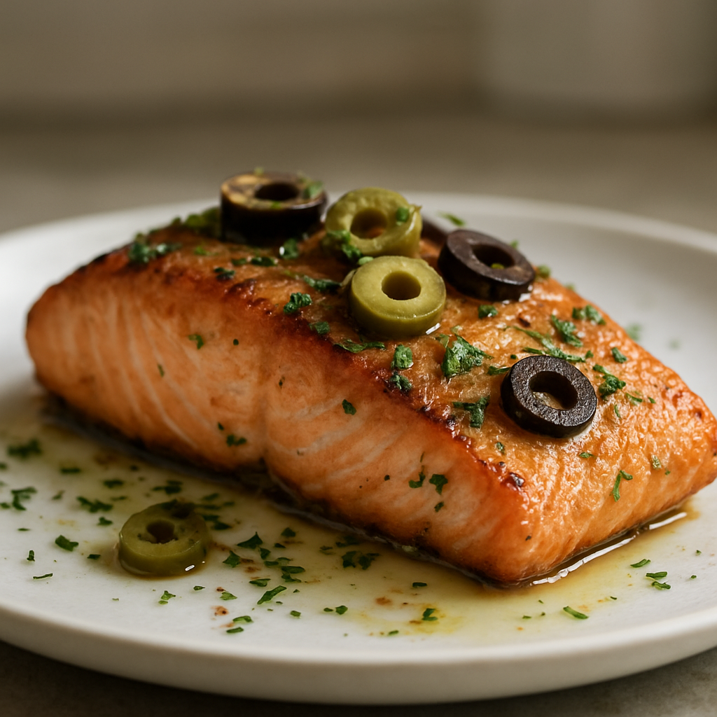 סלמון בהשרייה ים תיכונית עם זיתי קלמטה ועשבים