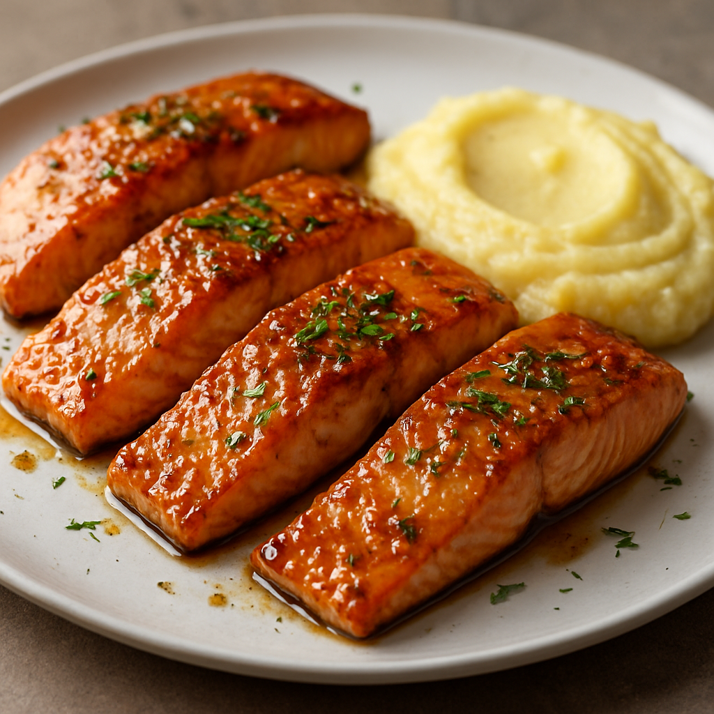 סלמון עם זיגוג דבש-חרדל ופירה חלק