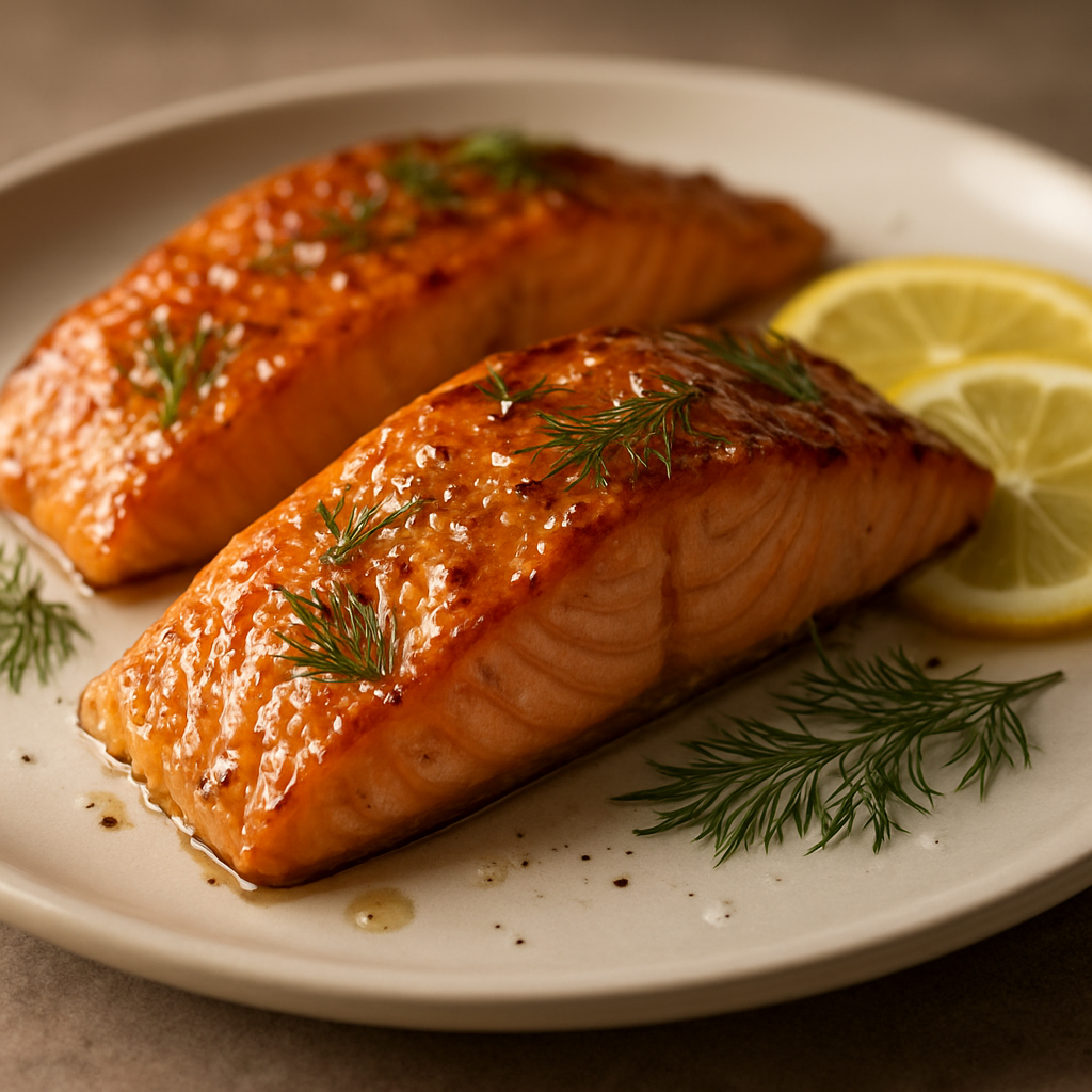 סלמון צלוי בזיגוג דבש-חרדל ושמיר