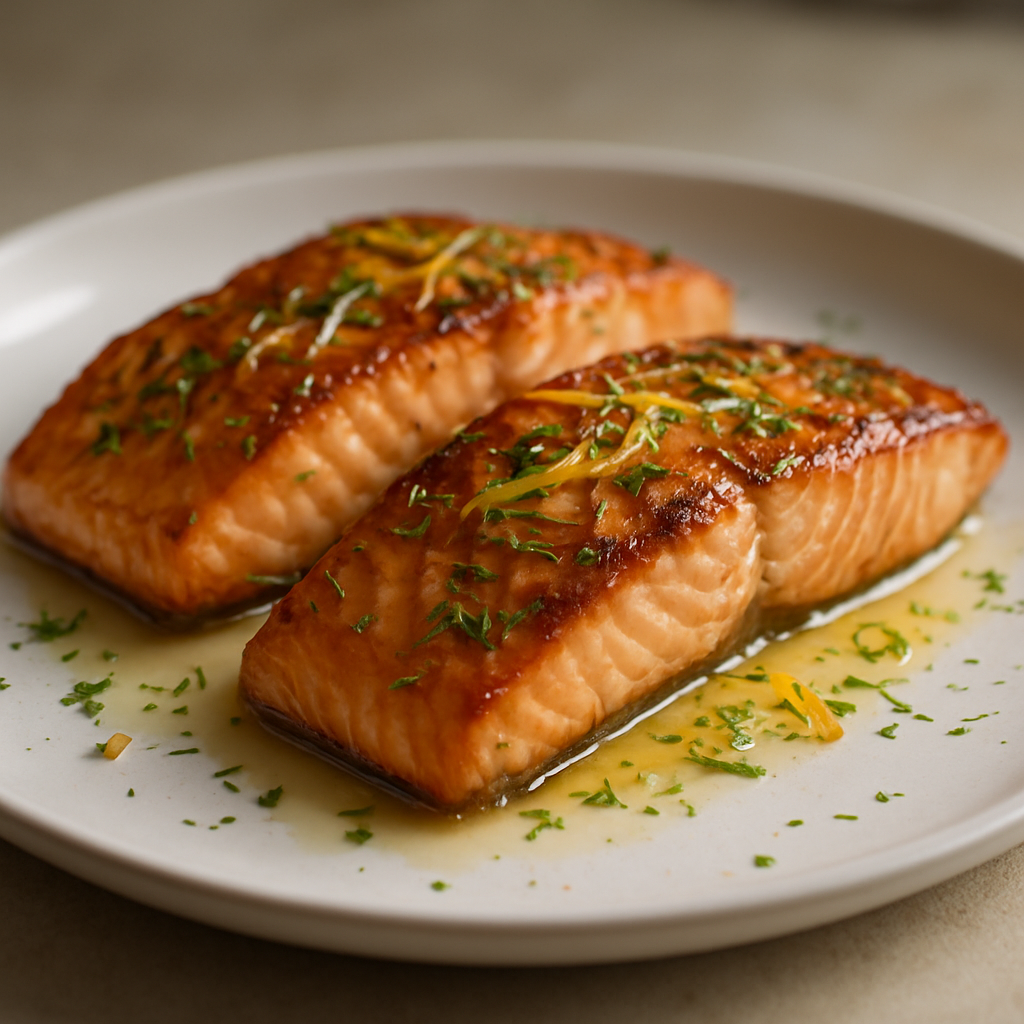 סלמון צרוב בזיגוג דבש־לימון ולימונים מצורפים