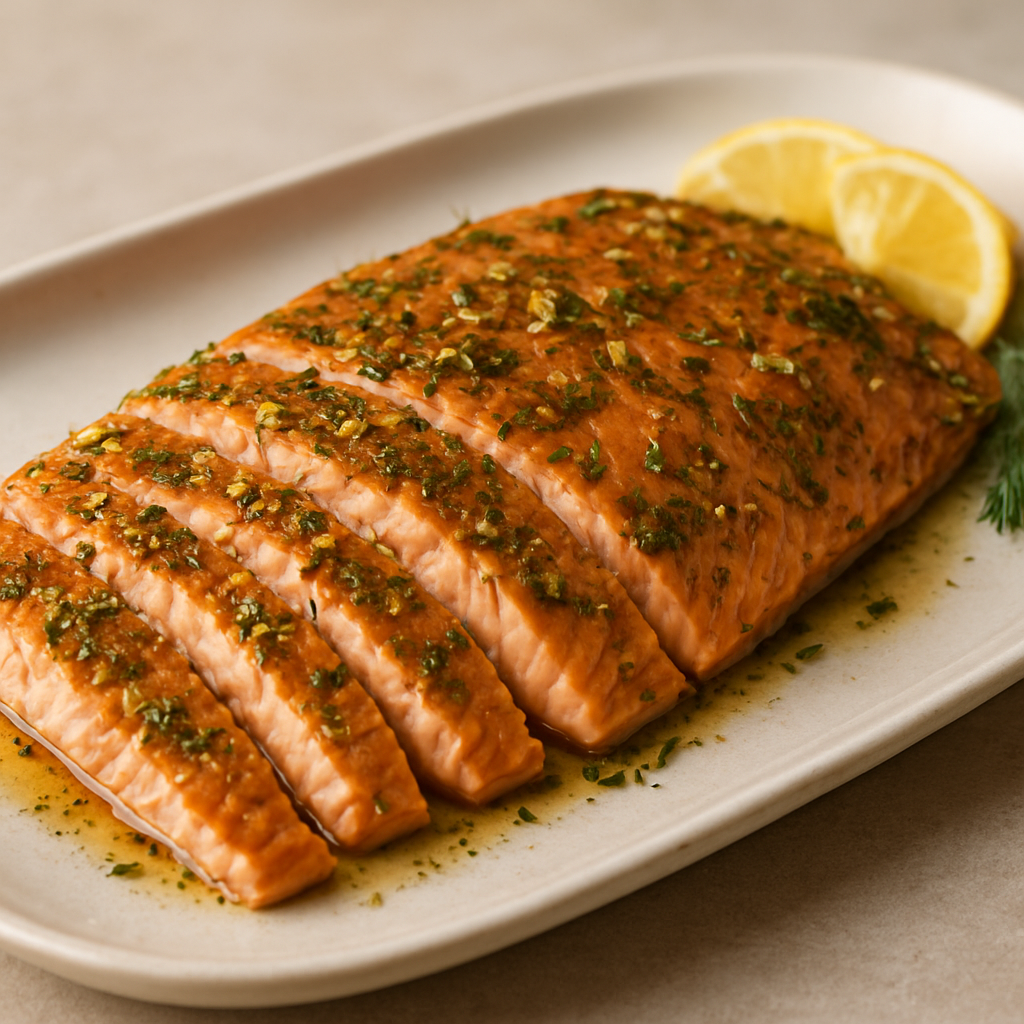 סלמון פרוס דק על מצע עדשים ושמיר