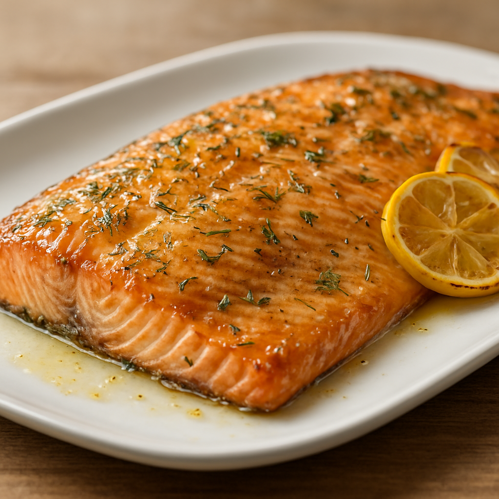 סלמון רחב צלוי עם הברשה לימונית ושמן עשבים