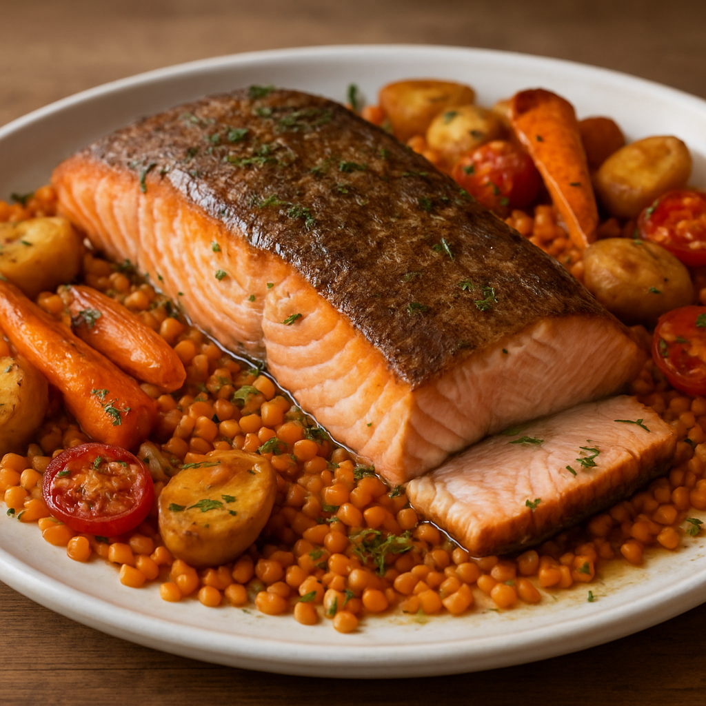 סלמון צלוי בסגנון הולנדי עם עדשים כתומות