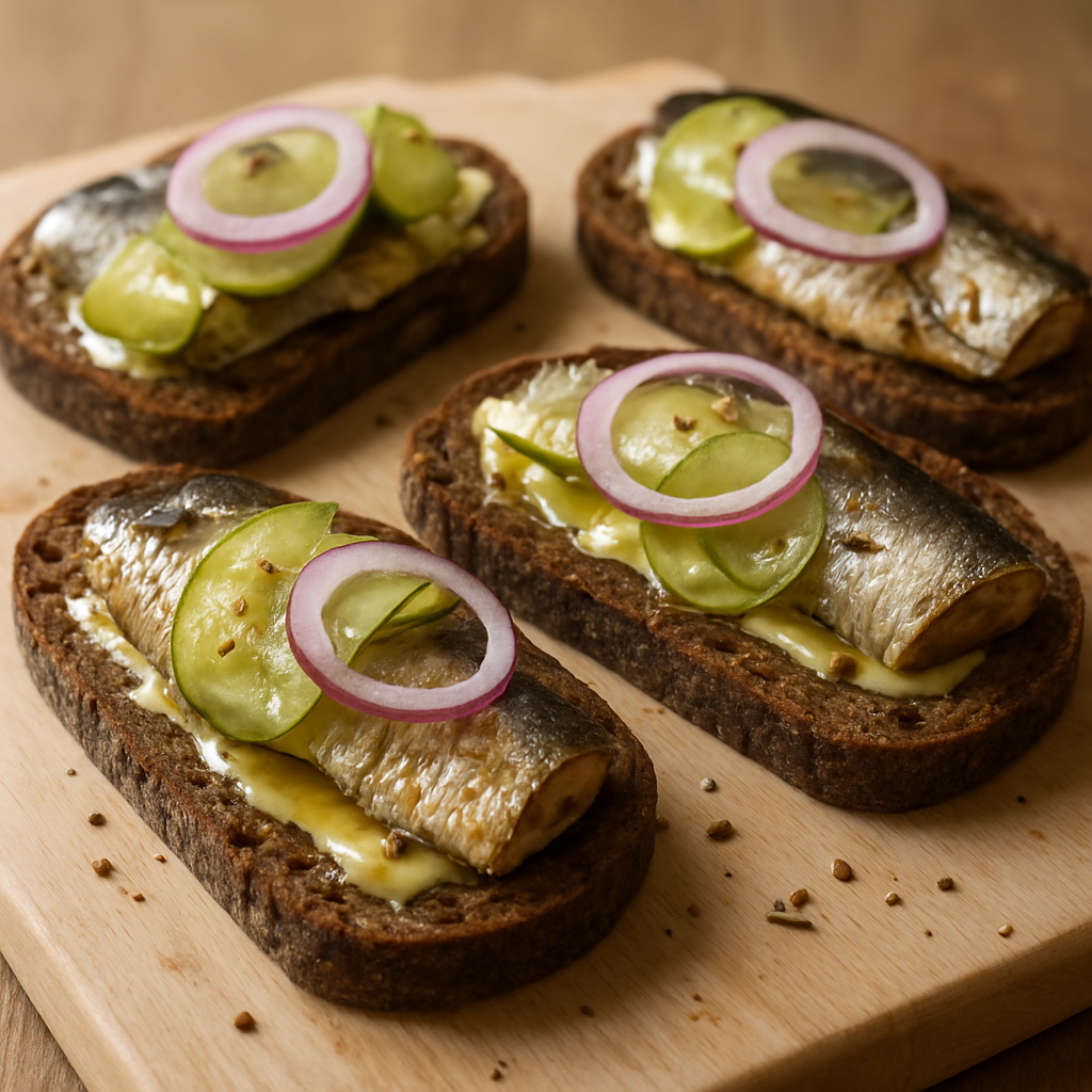 סמורברוד דני עם סרדין מעושן, מלפפון כבוש וזיגוג דבש-חרדל