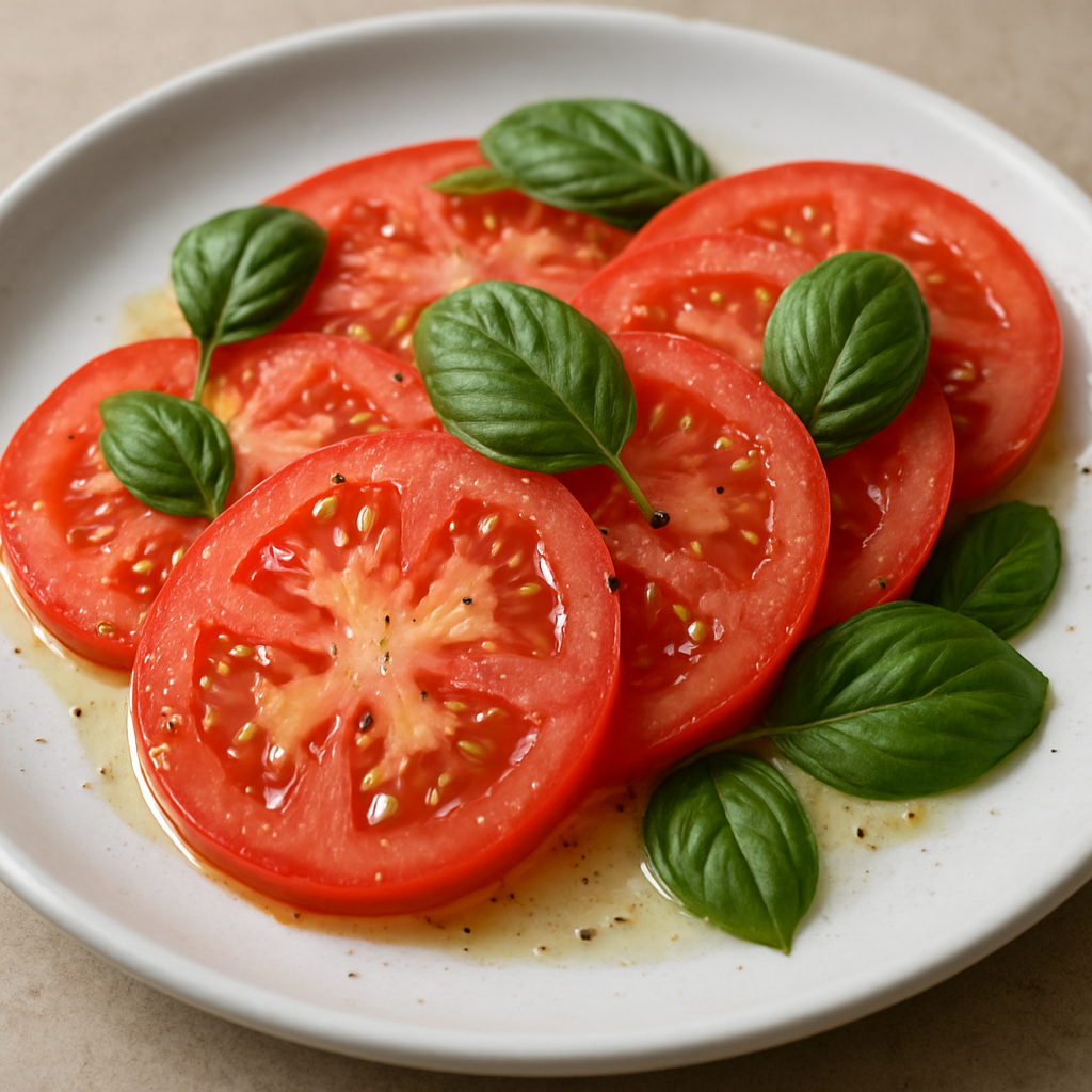 עגבניות פרוסות דקות עם בזיליקום ושמן זית