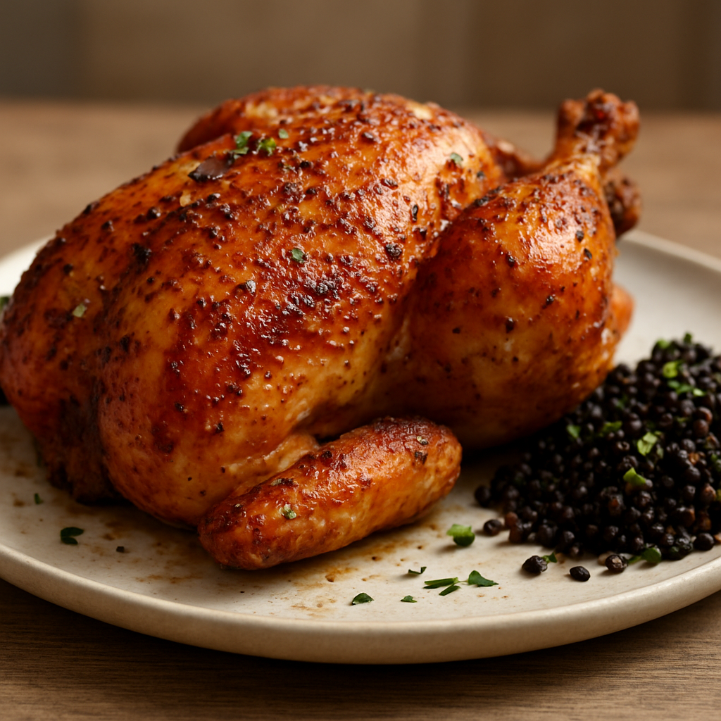 עוף ירושלמי צלוי בעקיפה בפחמים עם עדשים שחורות