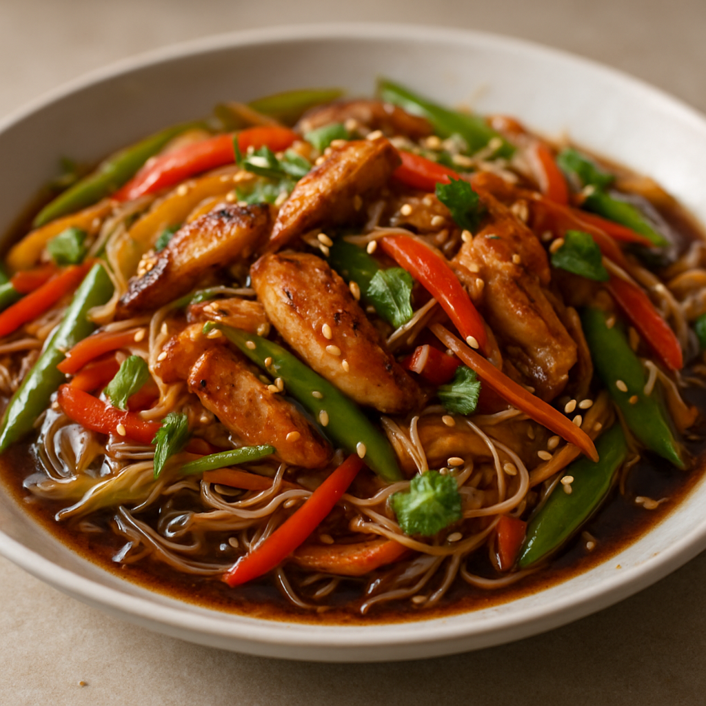 חזה עוף מוקפץ עם ירקות ואטריות