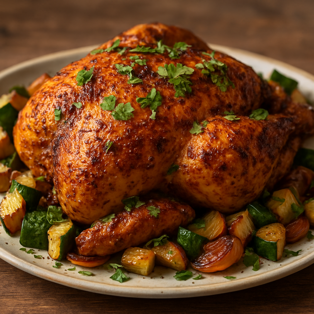 עוף פרואני צלוי בתבלינים טריים וקישואים צרובים