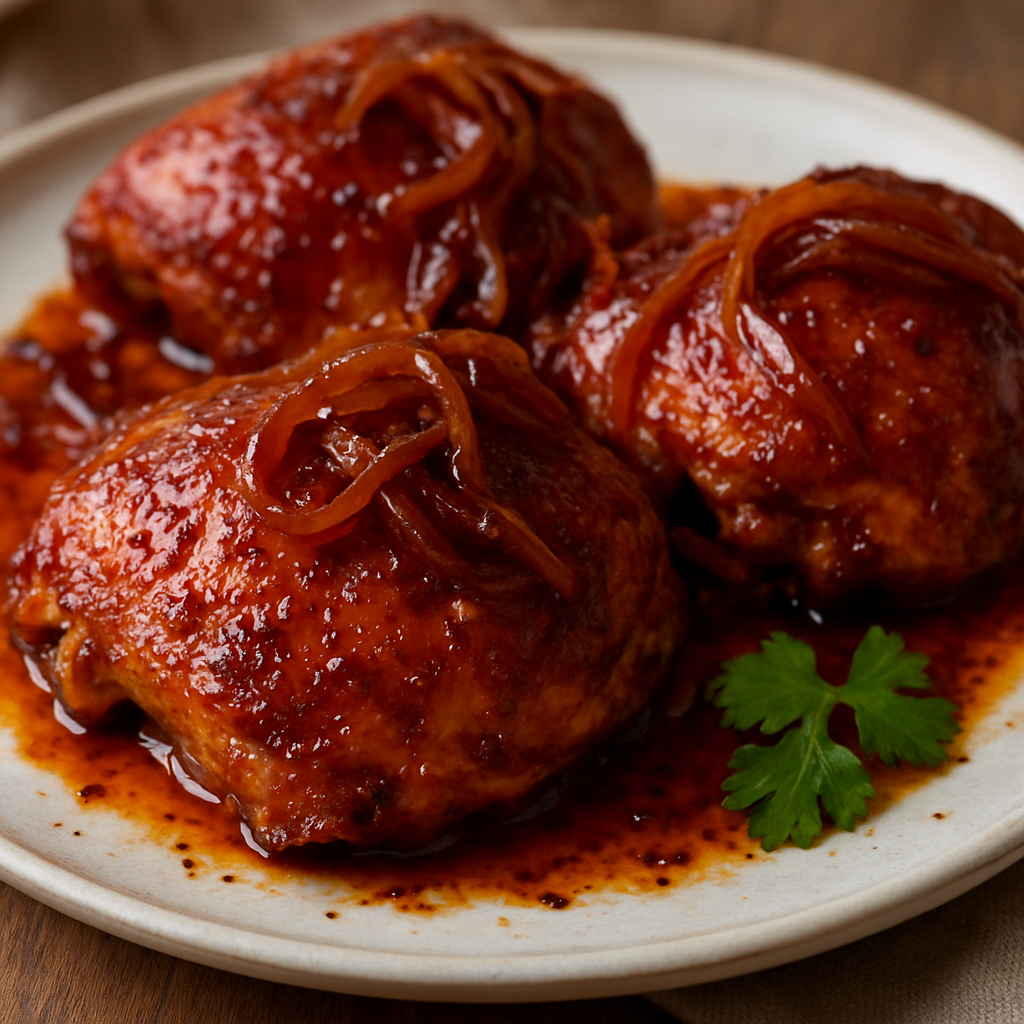 עוף צלוי בחמאה ותערובת ברברי עם בצל מקורמל