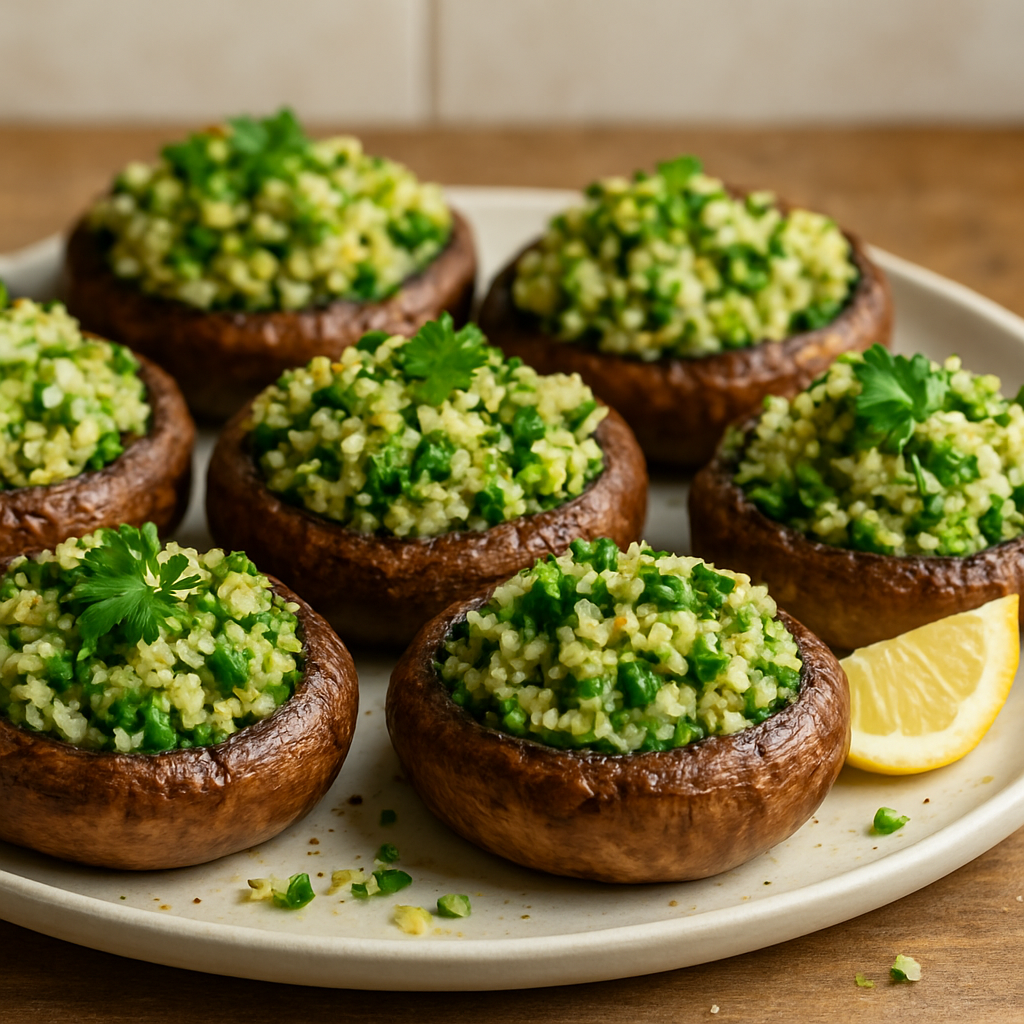 פטריות פורטובלו ממולאות בקוסקוס, עשבי תיבול וסלסה ירוקה