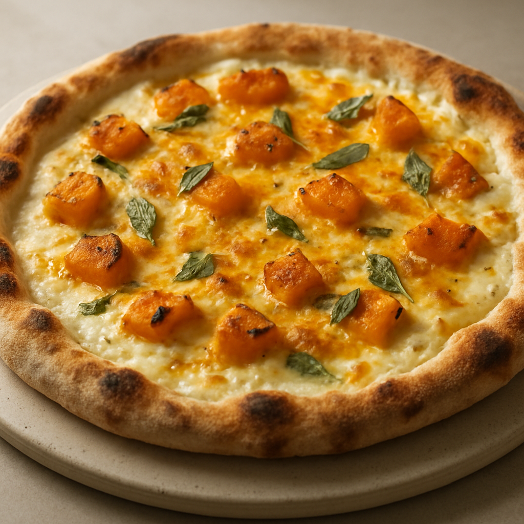 פיצה לבנה עם דלעת צלויה וצ'דר על אבן שמוט