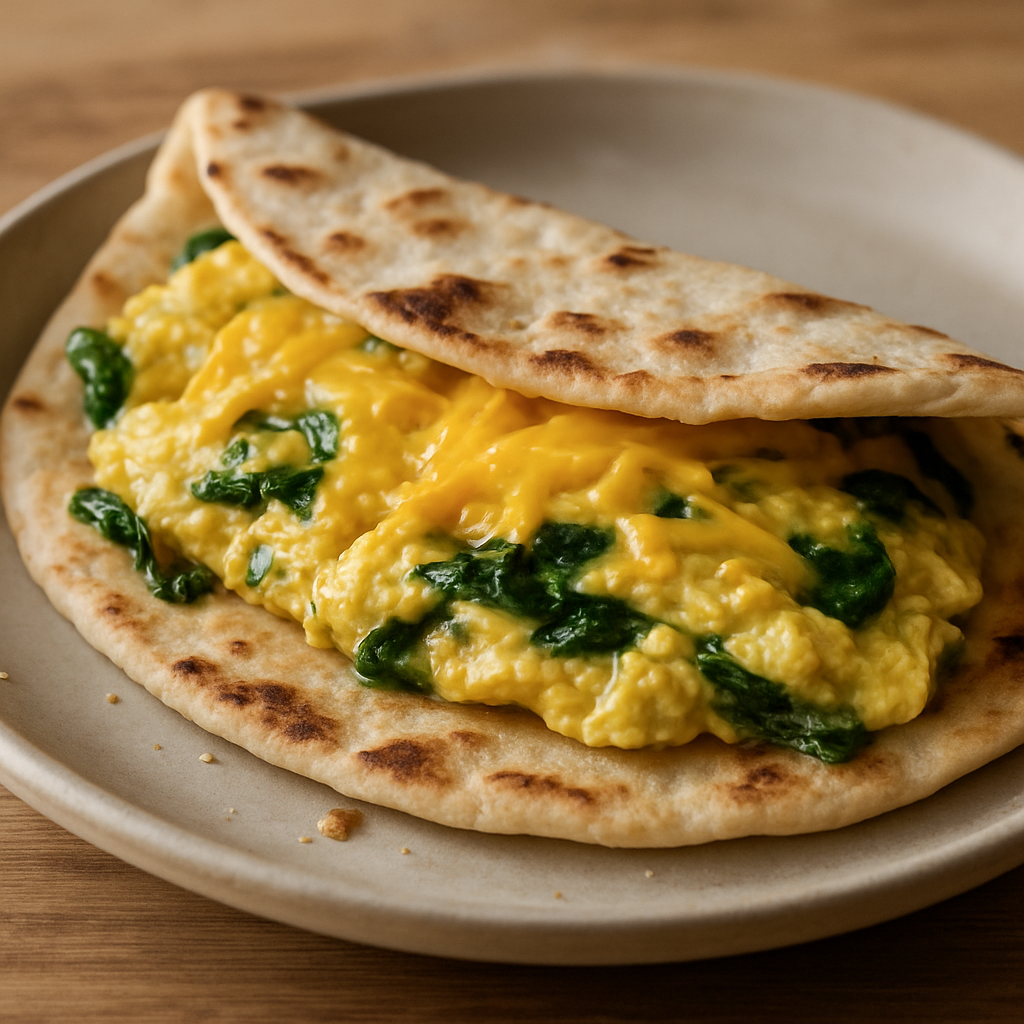 פיתה פתוחה עם חביתה, גבינה ותרד